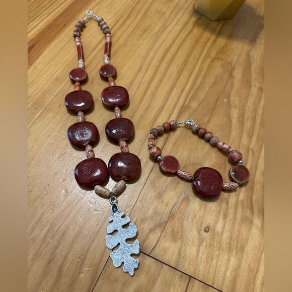 New Southwest Chunky FEATHER/LEAF PENDANT Beaded Necklace w/ Bracelet - Picture 5 of 8